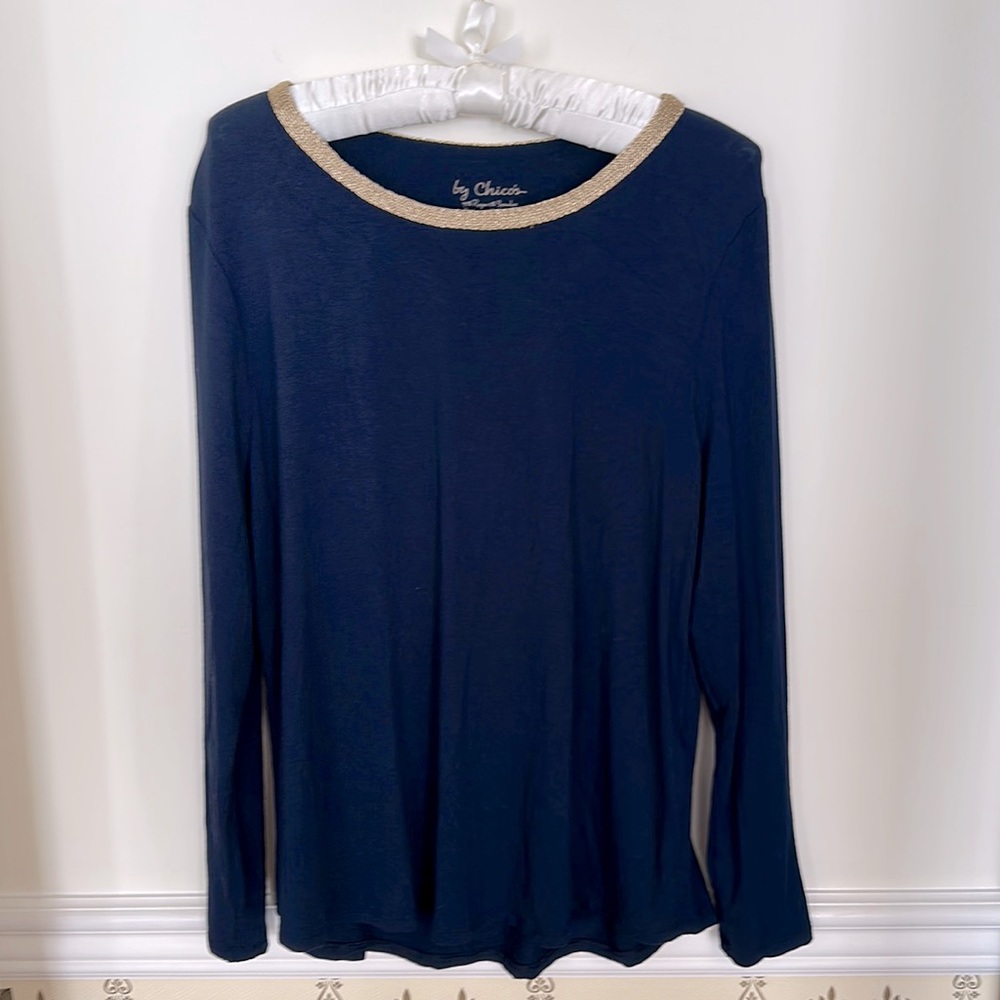 Chico’s Long Sleeve Top Navy Blue Gold Trim Scoop Round Neck 2P Soft Stretch LP